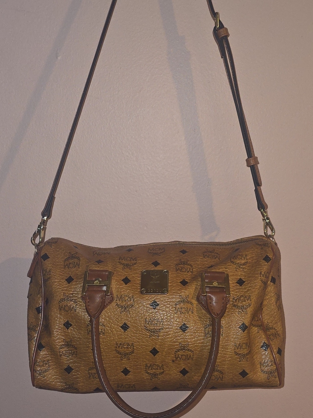 MCM Vintage Visetos Boston Bag Cognac – Satchel (Generic Crossbody Strap Added)